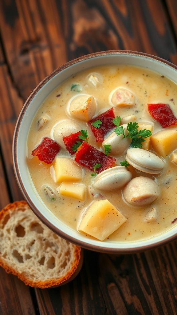 A delicious bowl of clam chowder with bacon and parsley on a rustic table.